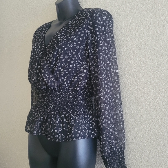 Japna Faux Wrap Floral Pin Stripe Smocked Waist top (S) - Picture 6 of 9